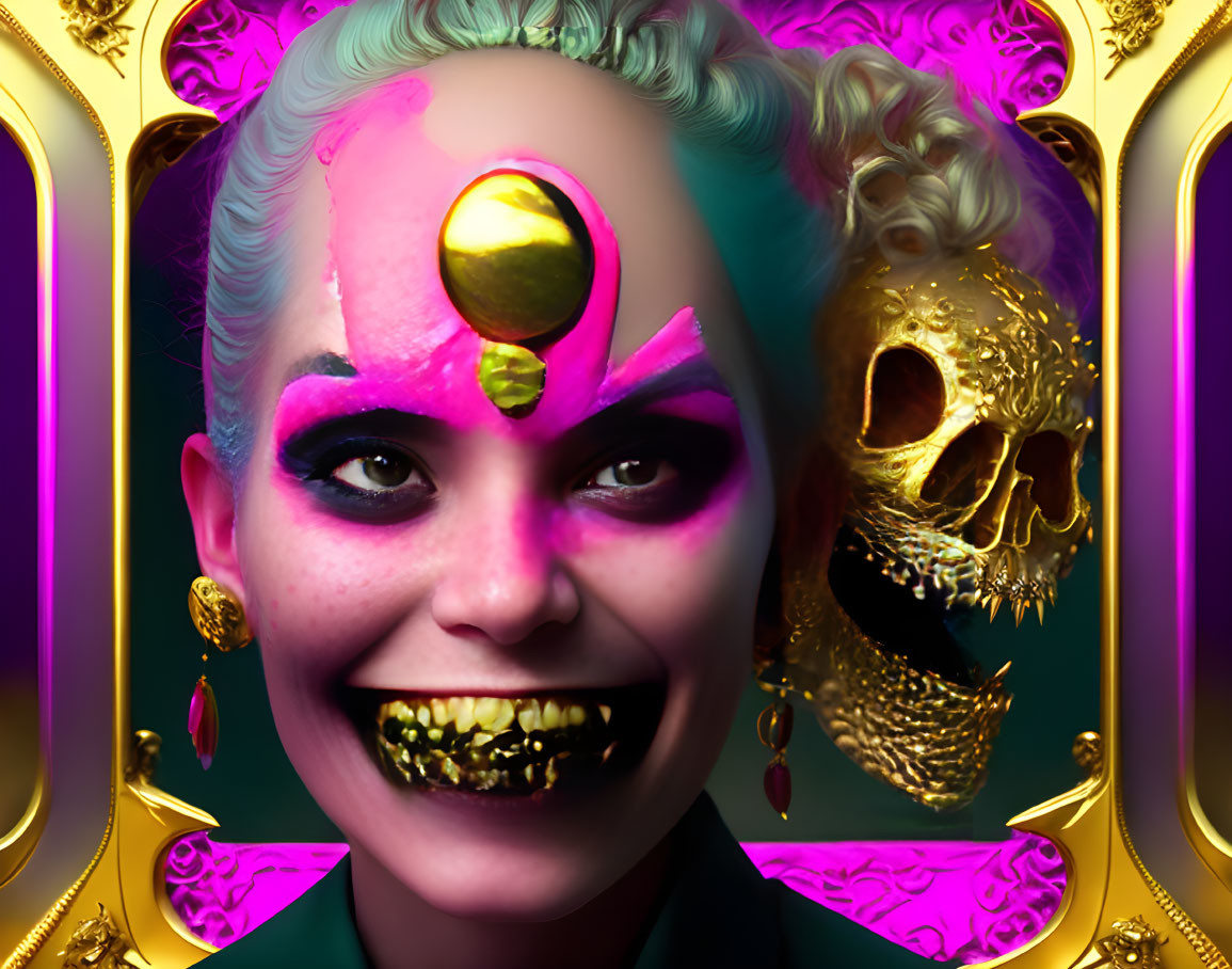 Person with half skull face paint and gold earrings on purple and gold ornate background