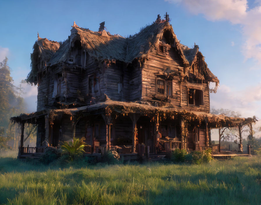 Spacious wooden house surrounded by lush plants at dawn or dusk