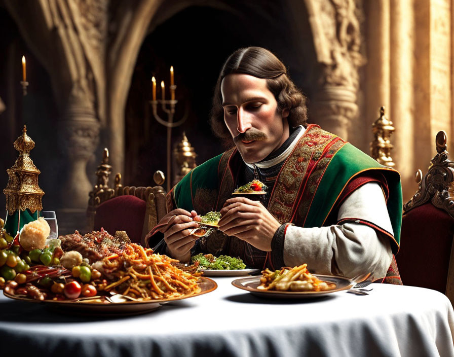 Historical nobleman in Gothic feast setting with herbs