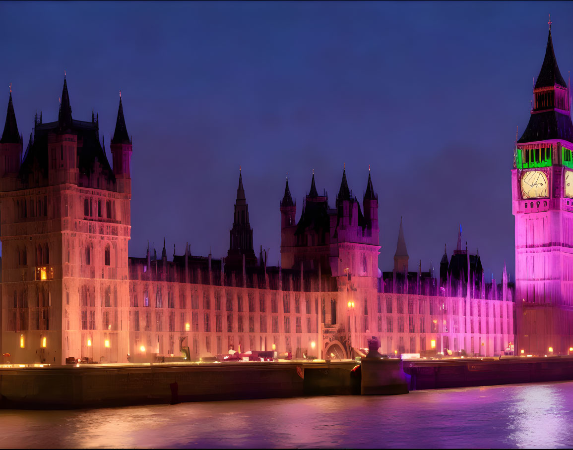 London's Palace of Westminster and Big Ben illuminated against a purple twilight sky