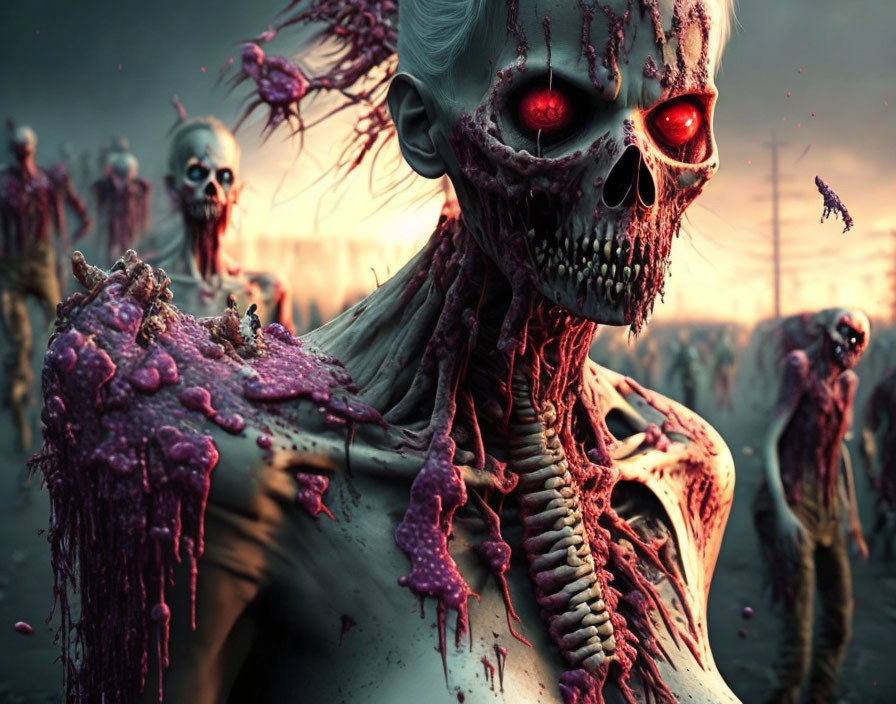 Detailed Zombie Figures with Glowing Red Eyes in Post-Apocalyptic Setting