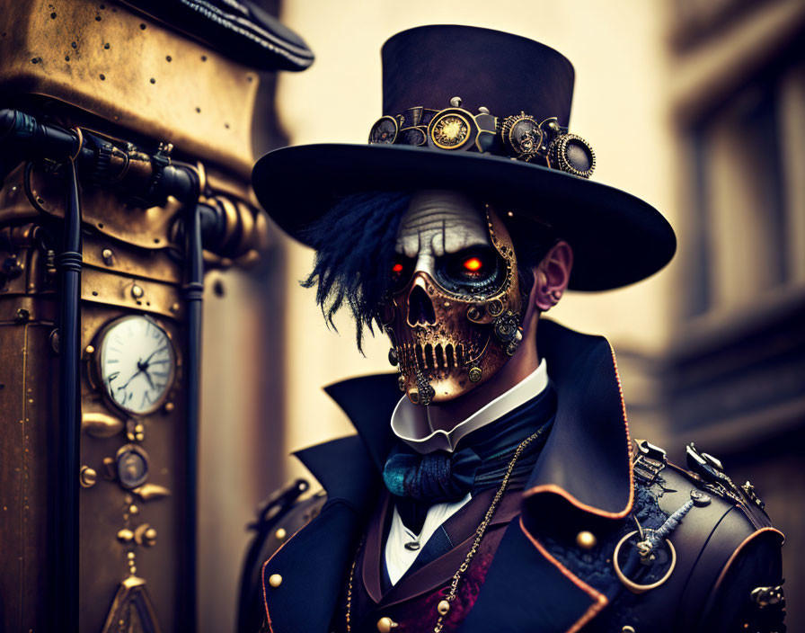 Steampunk-themed person with skull face and vintage clock