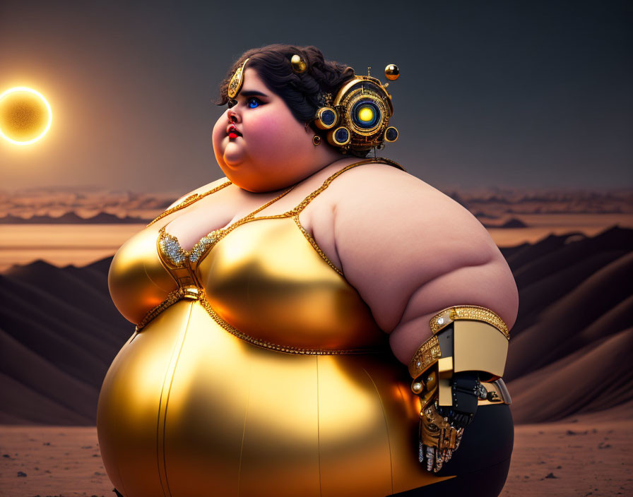 Futuristic plump woman with golden attire and steampunk limbs in desert setting