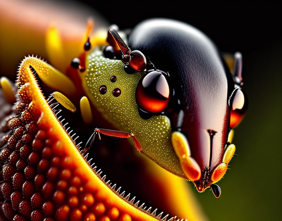 Colorful Insect with Shiny Eyes and Dewdrops Close-up