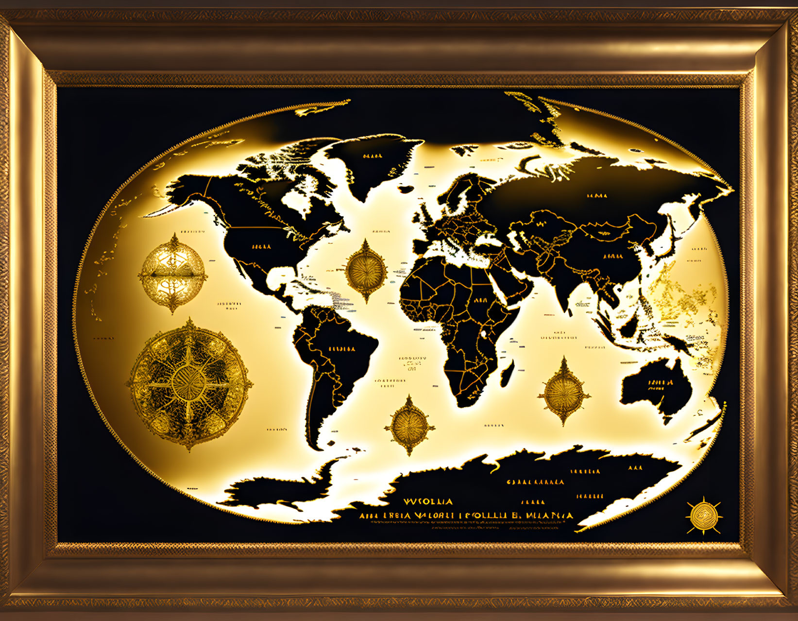 Golden World Map with Ornate Patterns and Elaborate Gold Frame