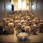 Numerous Yorkshire Terriers around a bowl of food in a softly lit hallway