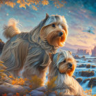 Fantastical autumn landscape with two Yorkie dogs