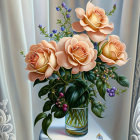 Detailed Illustration of Peach Roses in Clear Vase with Gold Ring and Pearl