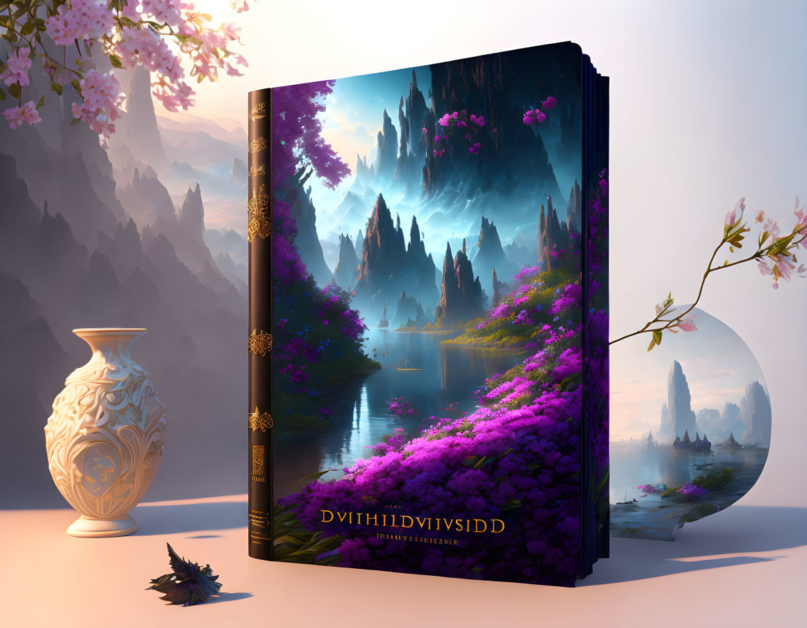 Fantasy landscape book cover with mountains, pink flowers, vase, dragon sculpture, and cherry blossoms