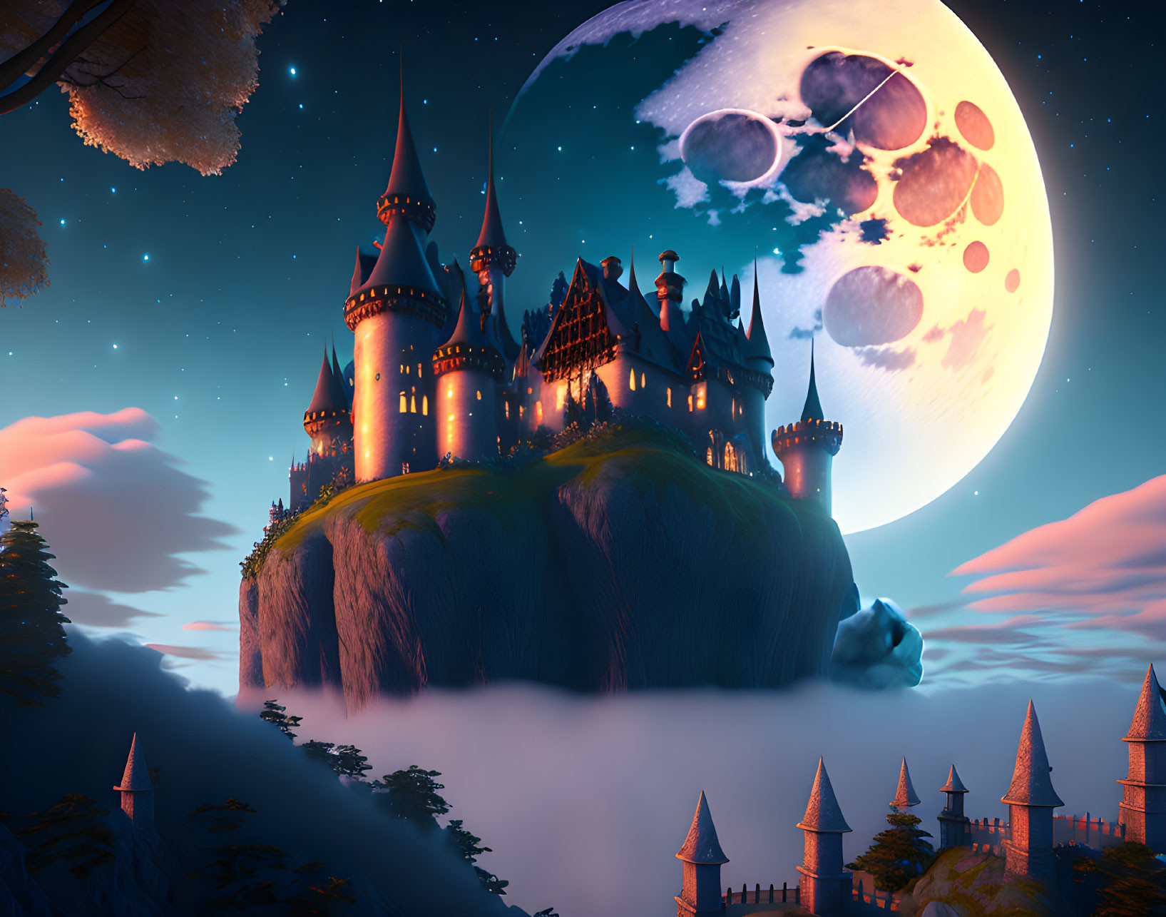 Enchanting castle on lush hill with moon, mist, and floating islands