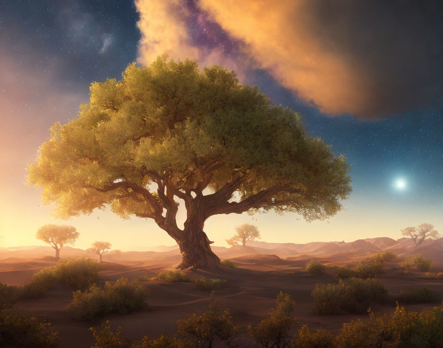 Majestic tree in desert dunes under starry sky at dusk.