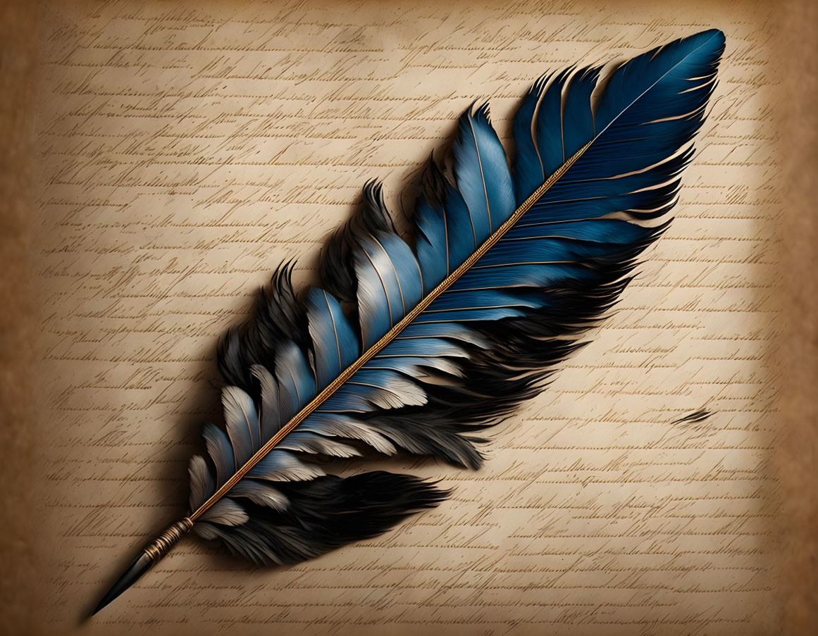 Stylized illustration of blue and black feather on aged paper