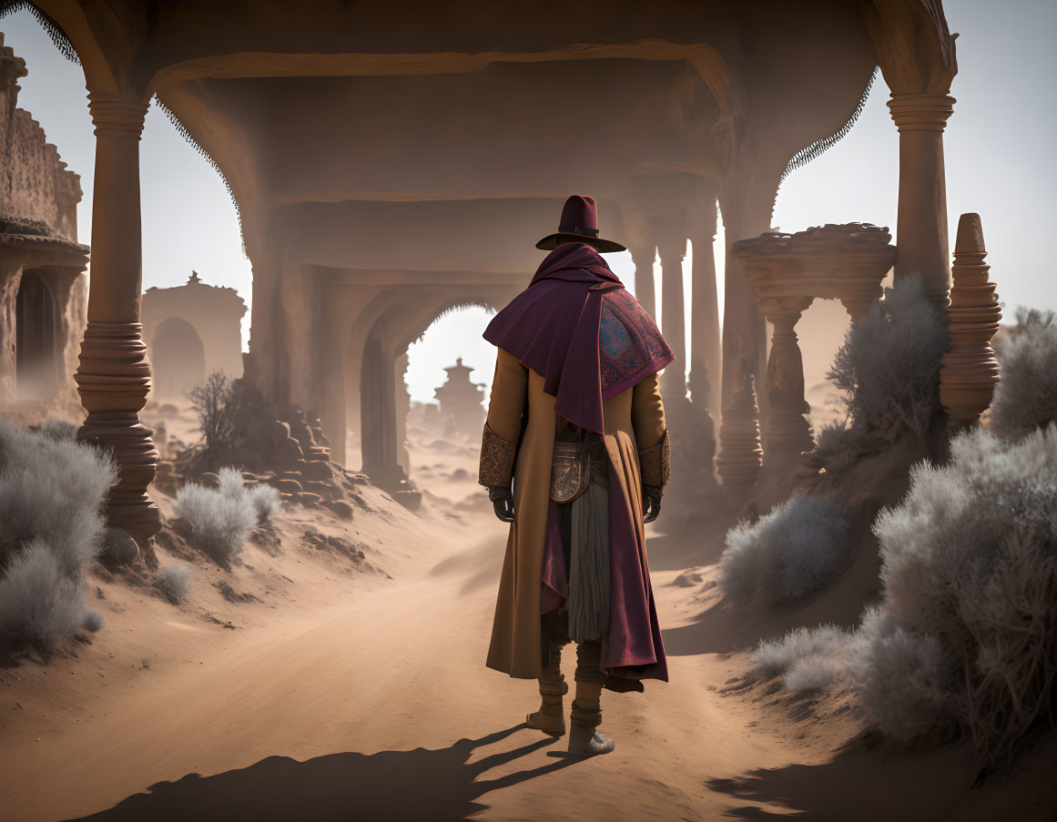 Cloaked Figure Walking Through Desert Archway Amid Ruins