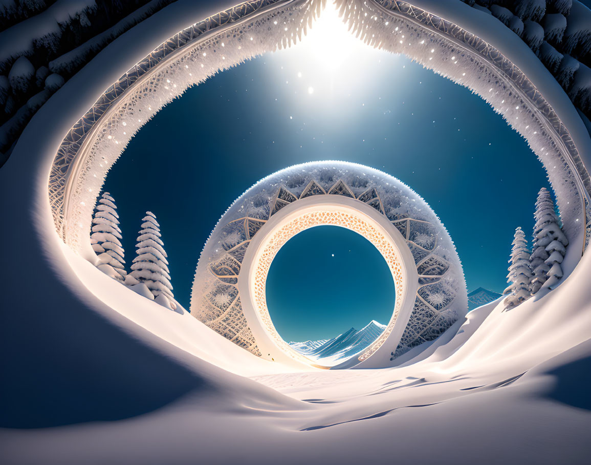 Snow-covered trees frame circular gateway under starlit sky