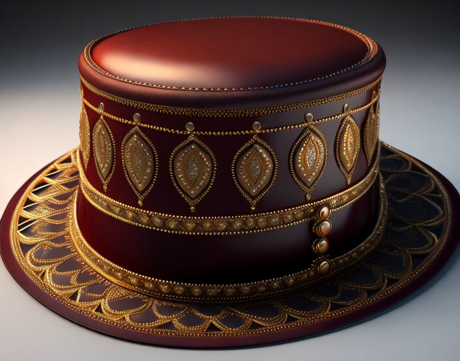 Elaborate gold-patterned ceremonial hat on maroon plate