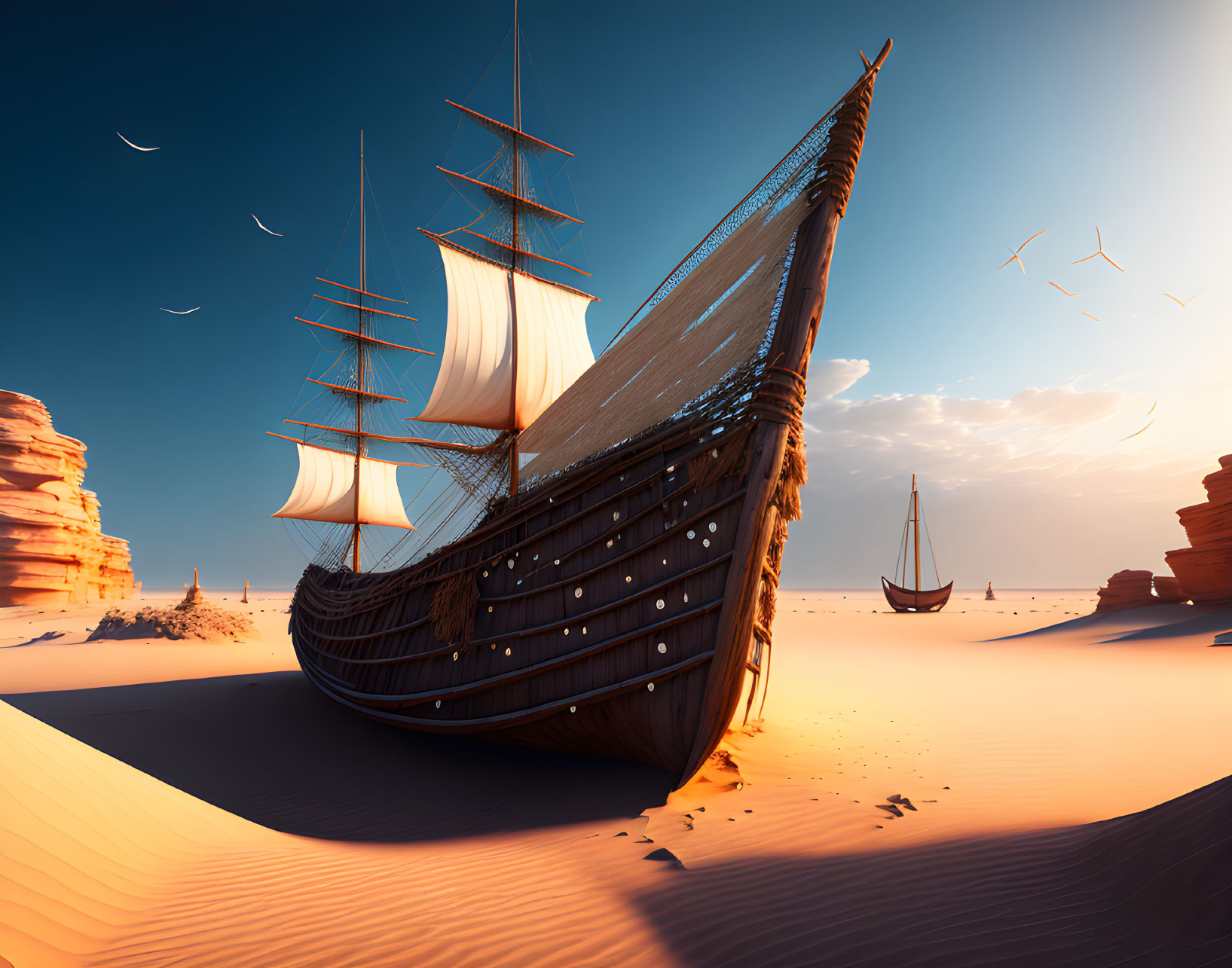 Wooden ship stranded on desert dunes with billowing sails and rock formations