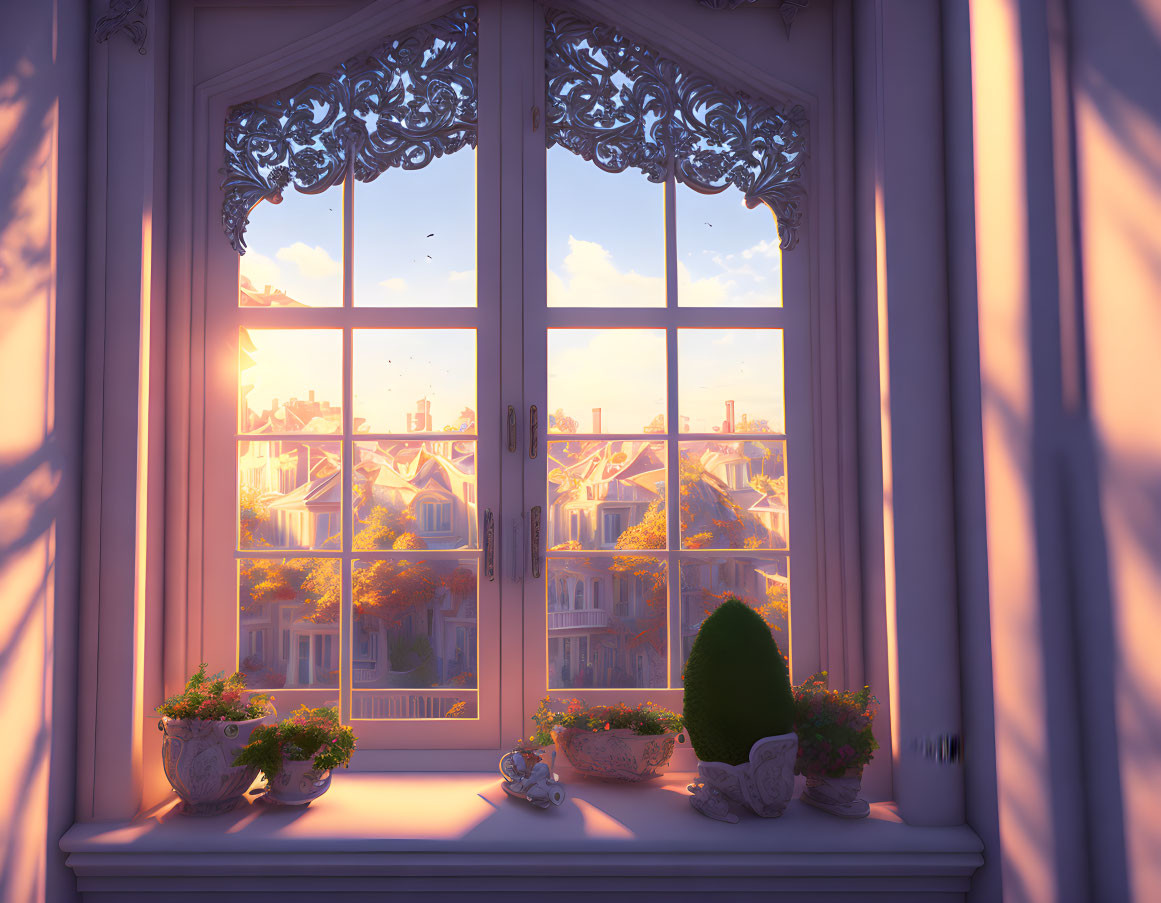 Sunset view of cozy room with ornate window, potted plants, warm hues, and flying