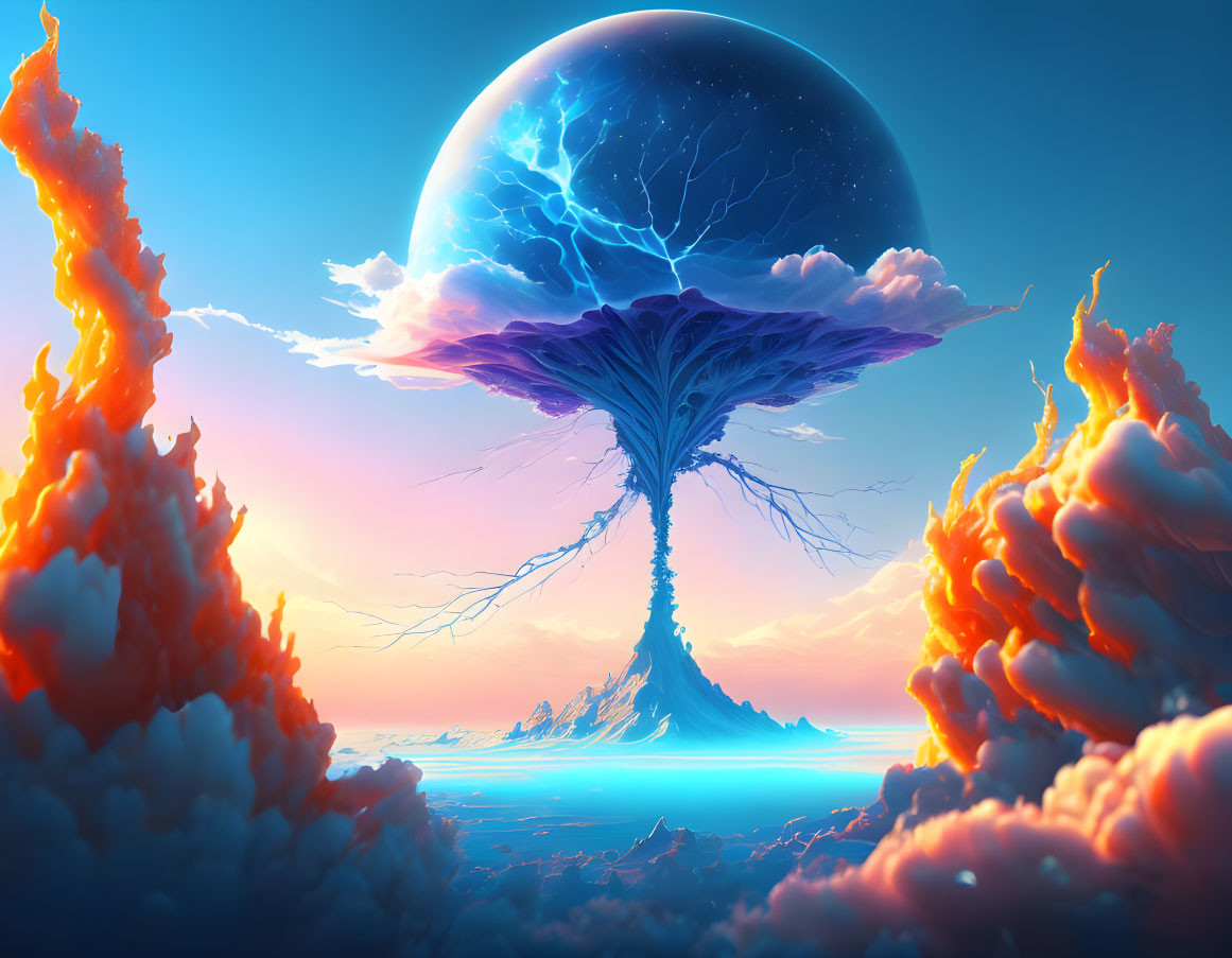 Surreal landscape with massive tree, planet, fiery clouds, vibrant sunrise.