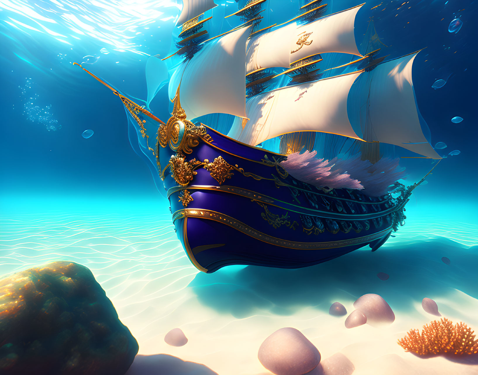 Colorful underwater scene with ornate ship and marine life in blue sea