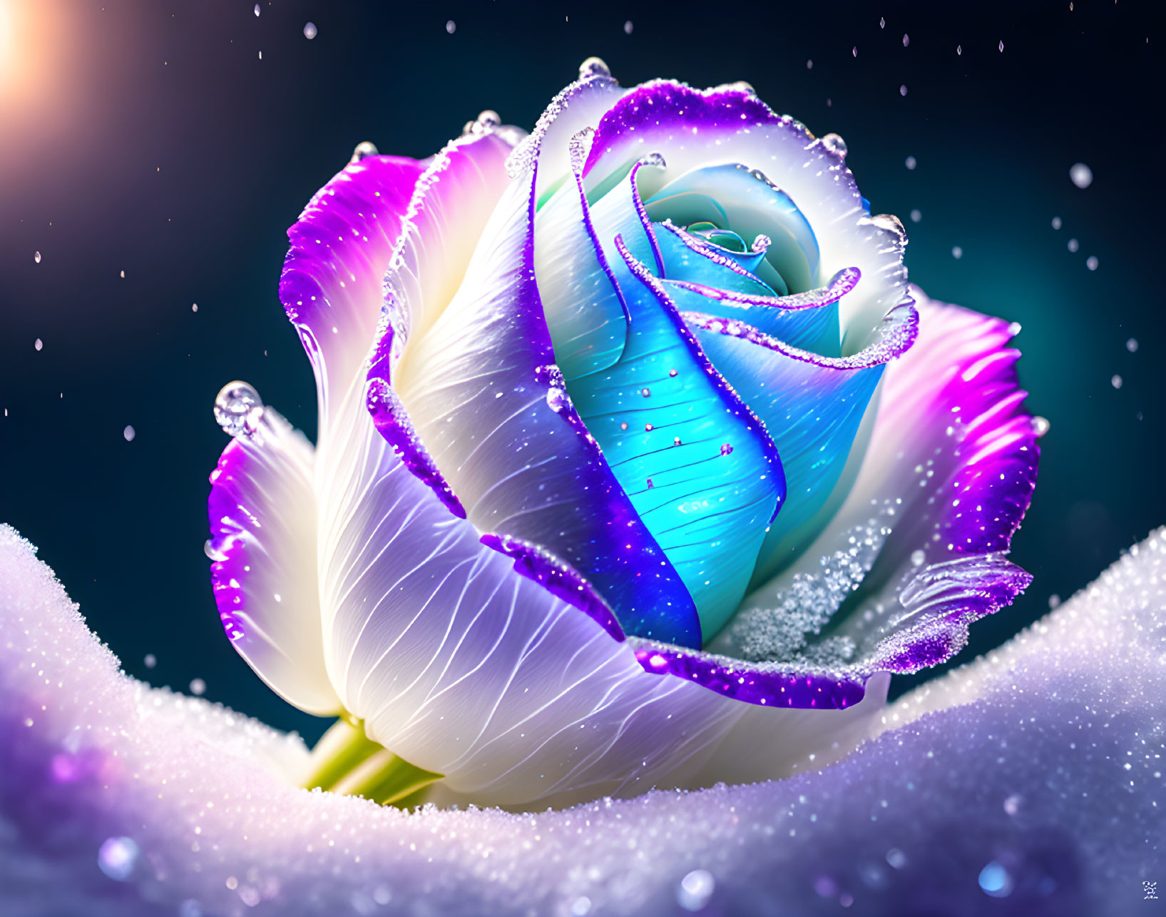 Digitally created white rose with purple-edged petals and water droplets on snowy background.