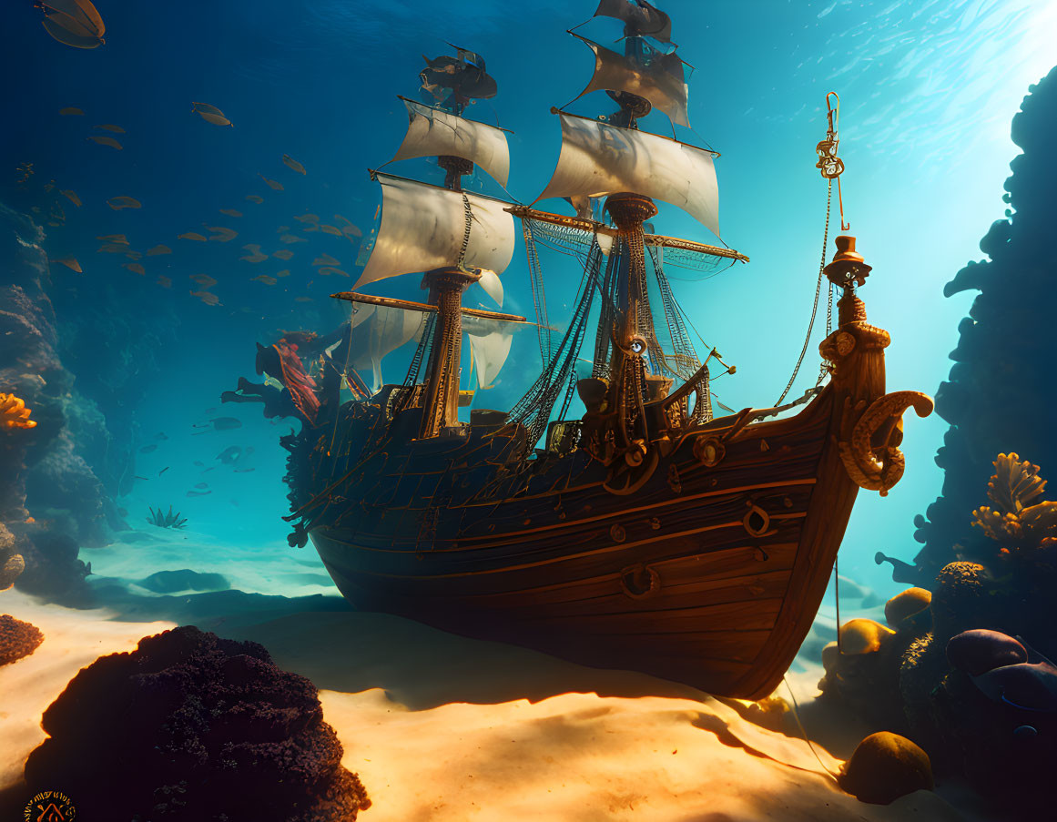 Sunken galleon on ocean floor with coral reefs and fish