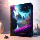 Fantasy landscape book cover with mountains, pink flowers, vase, dragon sculpture, and cherry blossoms