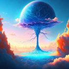 Surreal landscape with massive tree, planet, fiery clouds, vibrant sunrise.