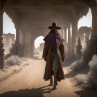 Cloaked Figure Walking Through Desert Archway Amid Ruins