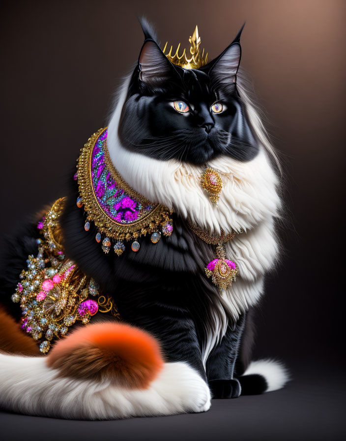 Regal black and white cat with golden crown and vibrant jewelry