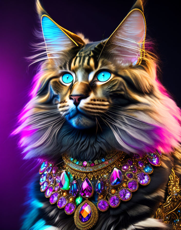 Detailed Maine Coon Cat Illustration with Blue Eyes and Jewelry