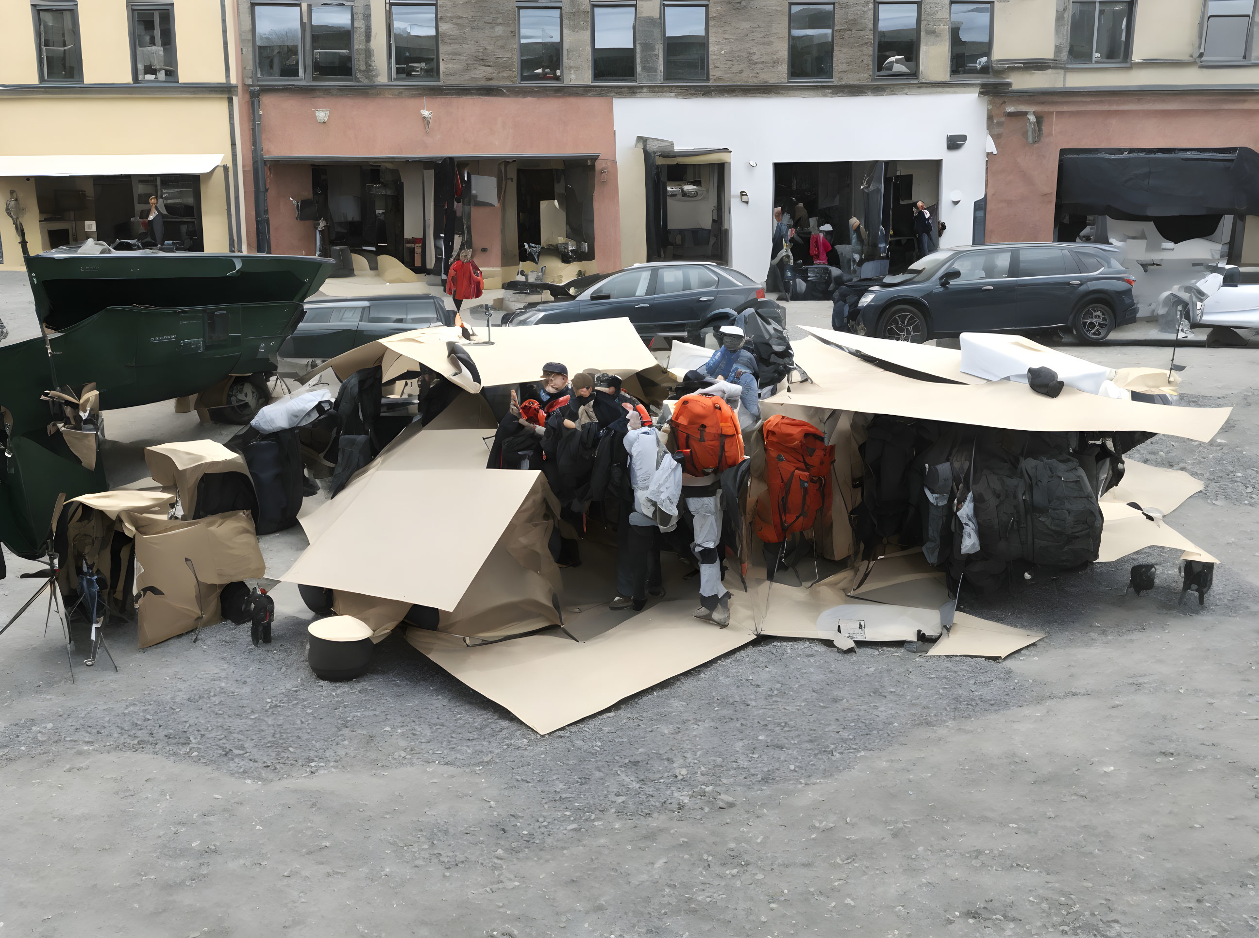 Group of People with Backpacks Gathered Around Cardboard in Parking Lot