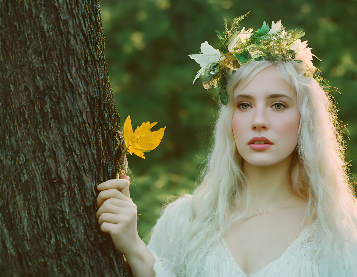 Woman with leaf crown holds yellow leaf near tree in nature-inspired attire.