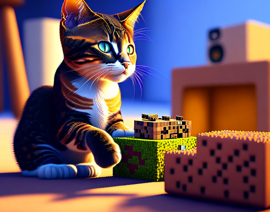 Digital artwork: Cat with oversized glasses playing with Minecraft-style blocks in warm-lit room