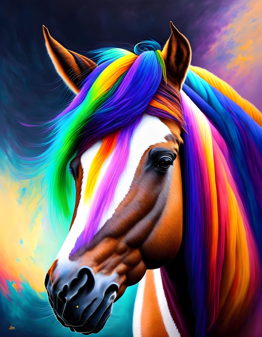 Colorful digital artwork: Horse with rainbow mane on abstract background