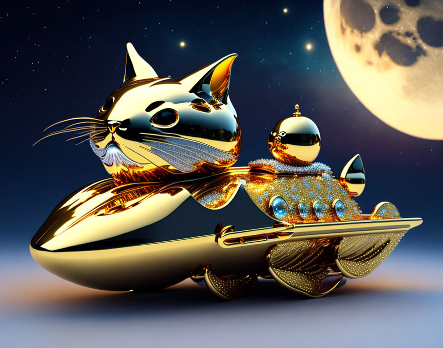 Golden cat in aviator goggles rides hover bike under starry sky