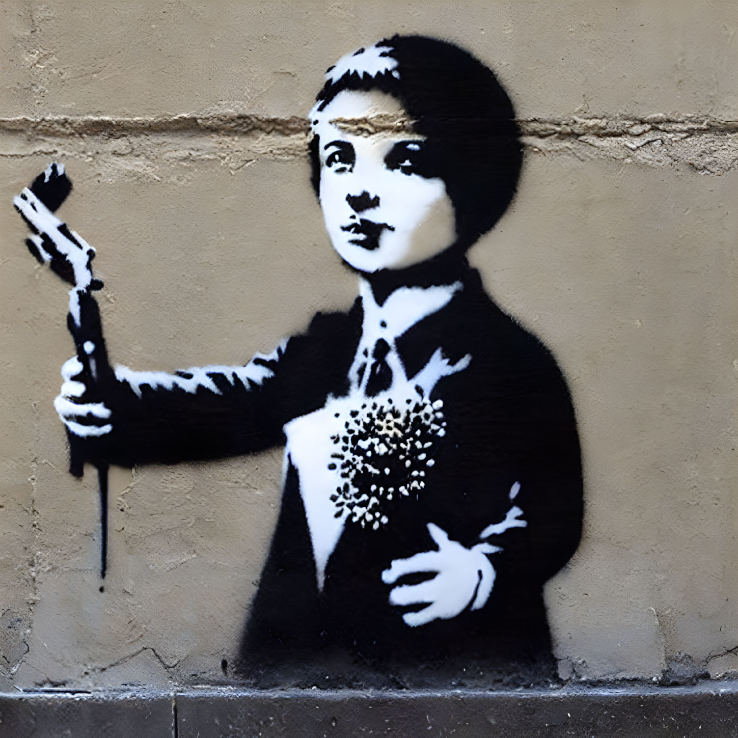 Stencil graffiti: Boy in suit with spray can, paint explodes into butterflies