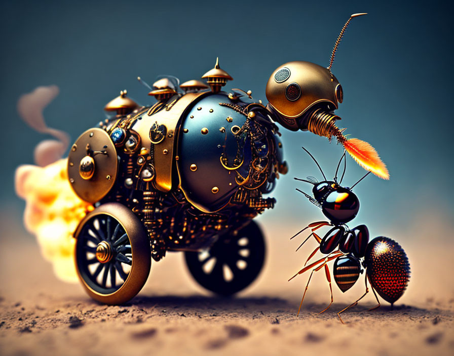 Surreal image of mechanical ant pulling steampunk-style vehicle with robotic insect driver