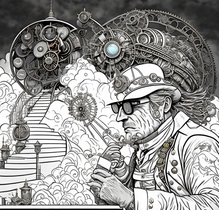 Monochrome steampunk illustration with man in goggles and gear attire alongside fantastical machinery