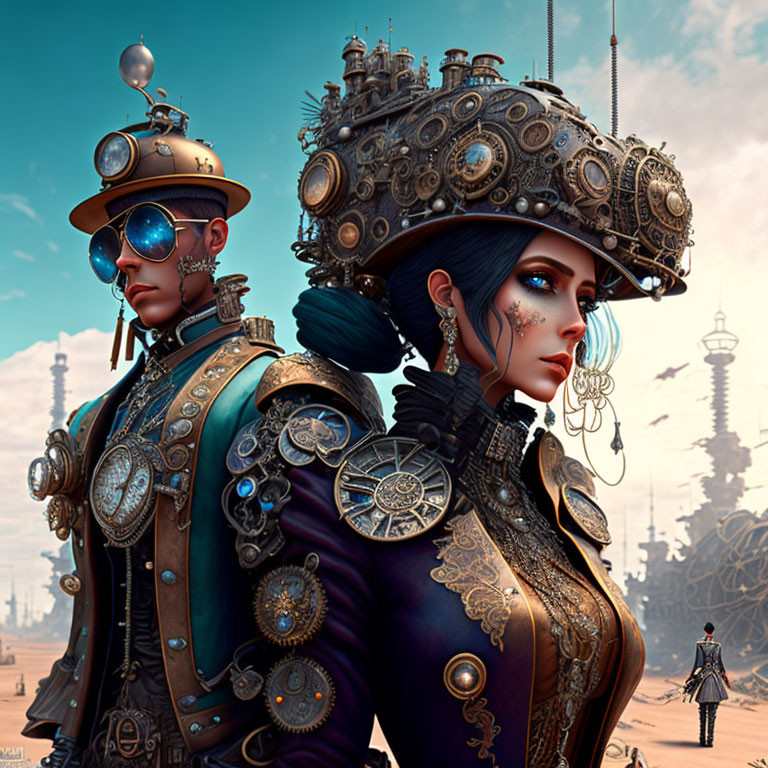 Steampunk attired individuals against futuristic cityscape