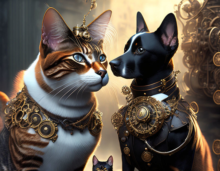 Steampunk Cat and Dog with Golden Gears and Mechanical Attire