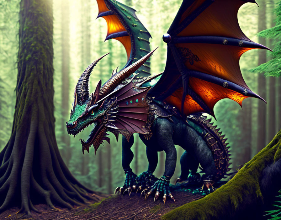 Detailed digital art: Majestic dragon with orange wings and teal scales in mystical forest