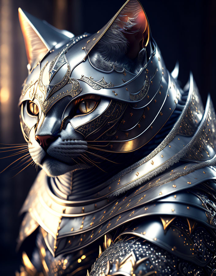 Realistic cat in medieval armor with gold details on dark background