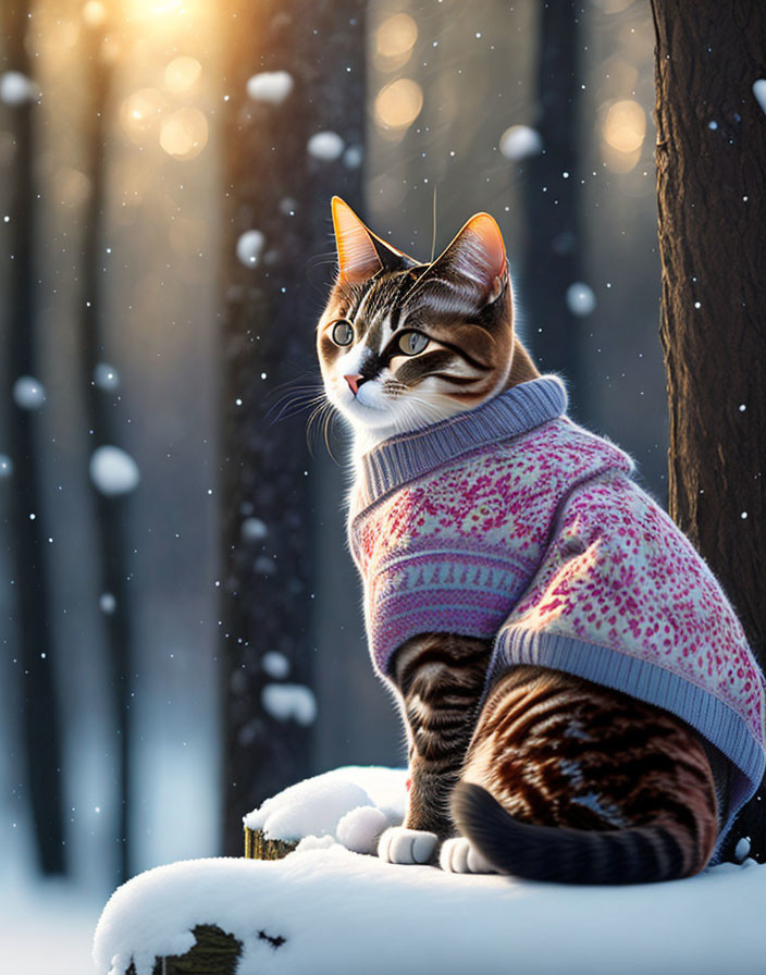 Cat in Pink Sweater Sitting on Snowy Log in Winter Forest