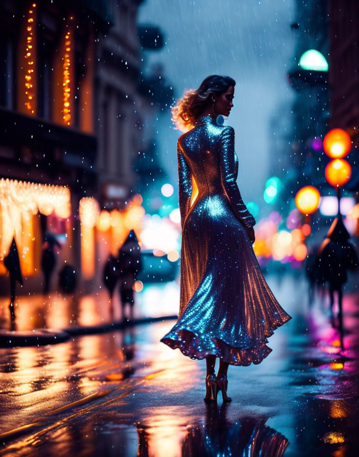 Woman in Sparkling Blue Dress Walking on Wet City Street at Night