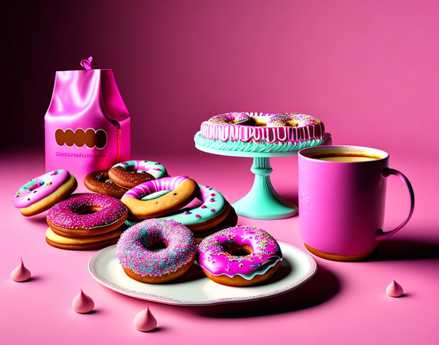 Assorted colorful donuts on plate with pink mug and milk carton, pink background with chocolate kisses