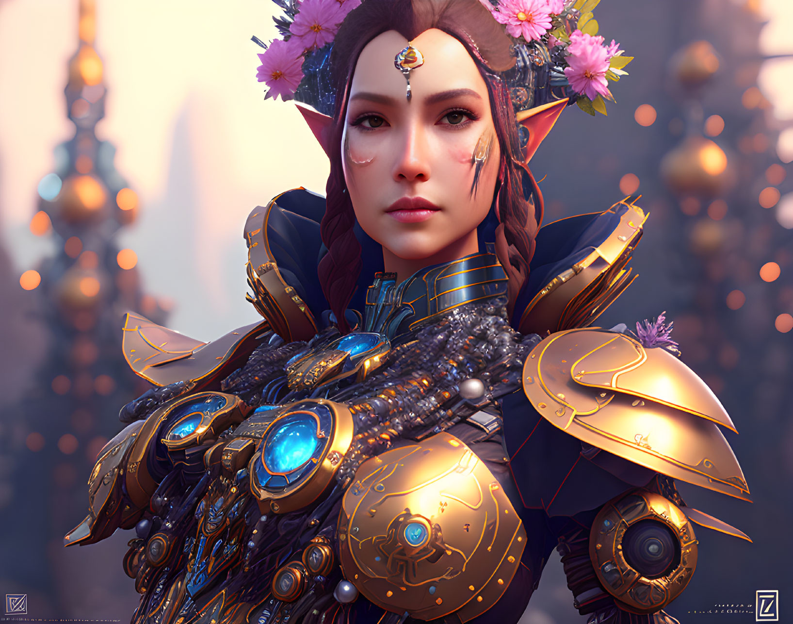 Female elf in golden armor with blue gemstones, surrounded by pink flowers in a fantastical setting