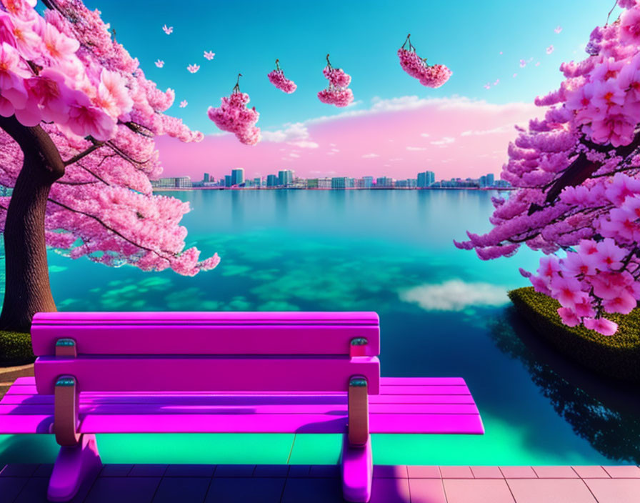 Cherry Blossom Scene with Pink Bench and Cityscape View