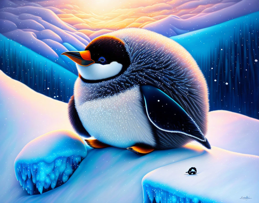 Vibrant digital art: Penguin on icy landscape with twilight sky