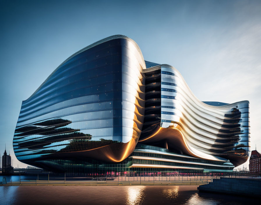 Futuristic waterfront building with wavy, reflective facades and glass surfaces