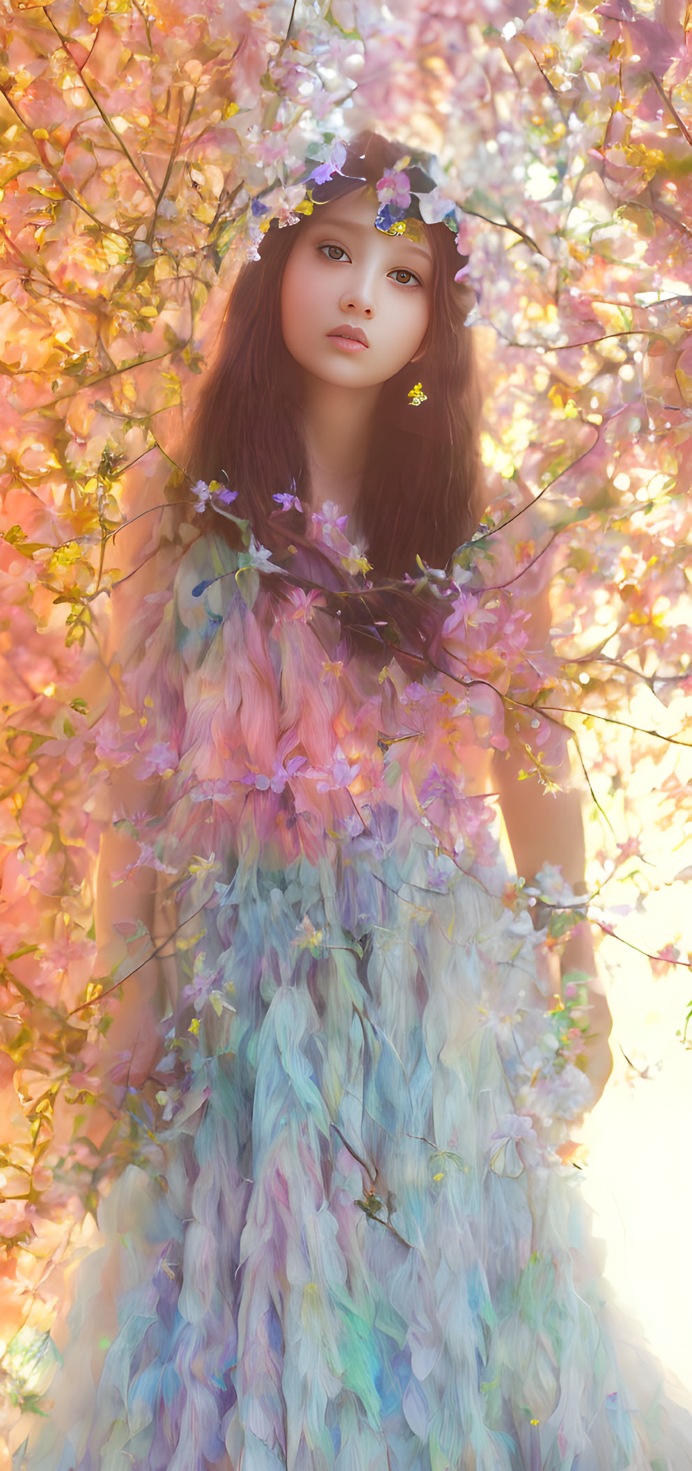 Woman in pastel floral dress with flower crown among pink blossoms